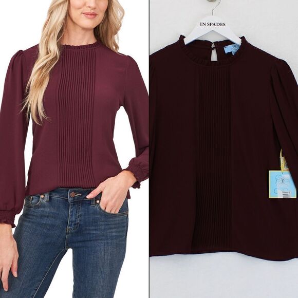 CeCe Smocked Pintuck Blouse Rich Cabernet - Picture 1 of 3